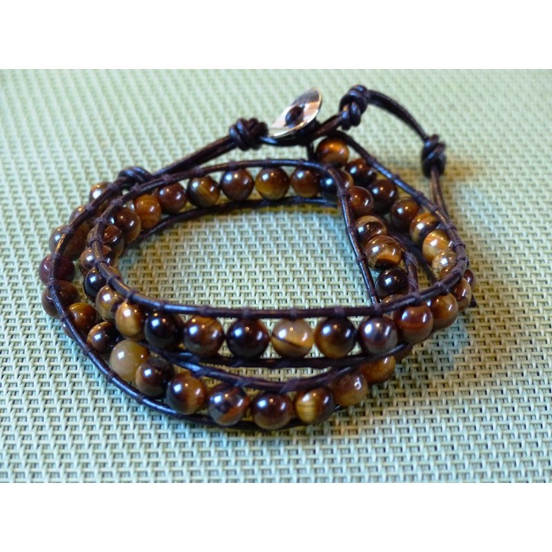 Bracelet lacet cuir OEIL DE TIGRE en perles de 6mm
