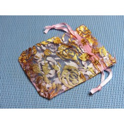 Pochette Cadeau en Organza Organdi Rose et Or 8x9cm