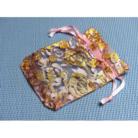 Pochette Cadeau en Organza Organdi Rose et Or 8x9cm