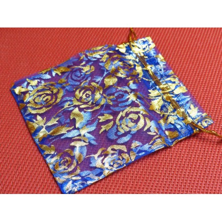 Pochette Cadeau en Organza Organdi Bleu fonce et Or 10x12cm